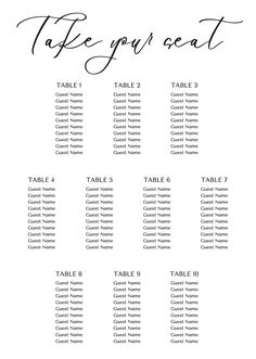 wedding seating chart with the names and numbers for each seat on it's table