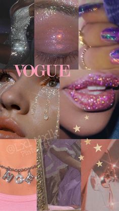 a collage of different images with glitter on their body and face, including the words'voque '