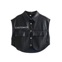 Customize this awesome faux leather vest shirt! **TEXT can go on front or back so specify location 1. Pick font type 2. Pick font color 3. Choose what text you would like **LIST THE ABOVE IN THE PERSONALIZATION BOX! Cropped Leather Vest, Sleeveless Faux Leather Party Top, Black Leather Tank Top, Leather Vest With Button Closure, Leather Sleeveless Vest With Button Closure, Faux Leather Vest, Cropped Vest, Vest Shirt, Cropped Tube Top