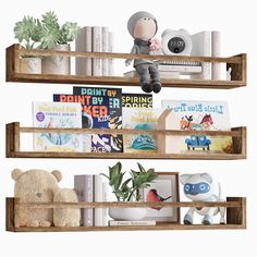 two wooden shelves filled with books and stuffed animals