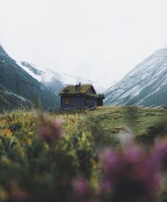 a house in the middle of a field with mountains behind it