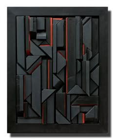 an abstract painting with black and red lines on the sides, in a square frame