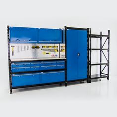 there is a blue tool cabinet in the middle of two shelving units that are open