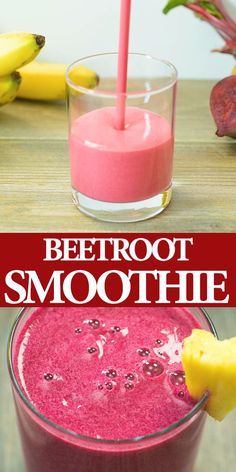 beetroot smoothie in a glass with a straw and banana on the side