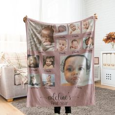 a baby's first year photo blanket with pictures on it