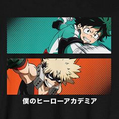 an image of two anime characters on black t - shirts with japanese text in the middle