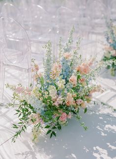 Lush Pastel Wedding in 30A Florida | 30A Wedding Venues | Rosemary Beach Wedding Photographer Delphinium Aisle Flowers, Soft Romantic Wedding Decor, Whimsical Pastel Wedding, Kiawah Wedding, Whimsical Bridal Bouquet, French Garden Wedding, Aisle Arrangements, Rosemary Beach Wedding, Pastel Wedding Theme