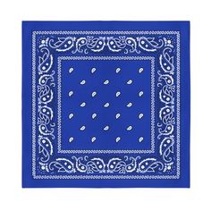 a blue bandanna with white paisley on it