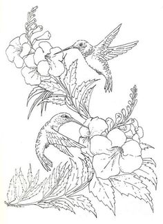 a bird sitting on top of flowers next to a branch with leaves and flowers in it