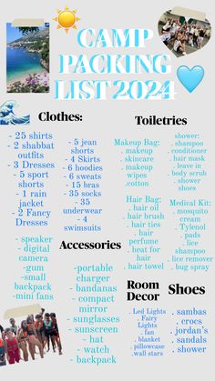 the camp packing list is shown in blue and white, with images of people on it