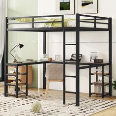 a loft bed with a desk underneath it in a room that has hardwood floors and white walls