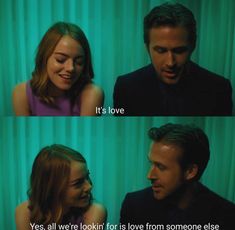 two people sitting next to each other in front of a green curtain with the words it's love