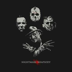 three horror masks with the words nightmares in red and white on them, against a black background