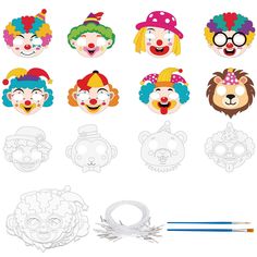 clown face cutouts and masks with paintbrushes