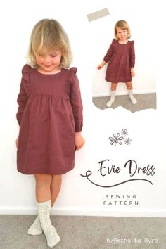 Evie Dress sewing pattern (6/9mths to 8yrs). This easy-fitting dress with a round neck has a lot of excellent features including a gathered skirt at the empire waist, ruffled bodice, and back button closure. You can make this dress with long sleeves with elasticated cuffs or sleeveless. Self-bias binding finishes the armholes and neckline. SewModernKids Long Sleeve Dress Sewing Pattern Free, Free Dress Patterns For Kids, Free Kids Sewing Patterns, Free Toddler Dress Pattern, Free Baby Dress Pattern, Girls Christmas Dress Pattern, Free Toddler Sewing Patterns, Girl Sewing Patterns, Long Sleeve Dress Sewing Pattern