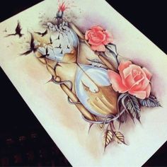 a drawing of a clock with roses on it's face and birds flying around