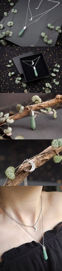 This aventurine crystal necklace is a perfect accessory for anyone who loves silver jewelry with a witchy aesthetic. The green crystal pendant and crescent moon charm create a beautiful and mystical look, perfect for adding a touch of magic to your everyday style. Layered Crystal Necklaces, Witchy Accessories, Enchanting Aesthetic, Green Aventurine Necklace, Dreamy Aesthetic, Moon Necklace Silver, Witchy Aesthetic, Aventurine Necklace