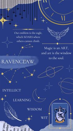 an image of a blue background with gold and white writing on it, including the words ravenclaw