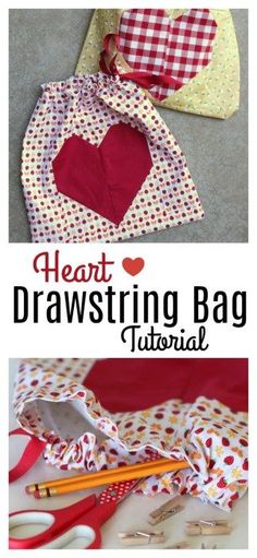 the heart drawstring bag is made out of fabric and has scissors on it