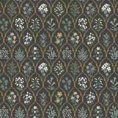 an art deco wallpaper with flowers and leaves in green, white, yellow and brown colors