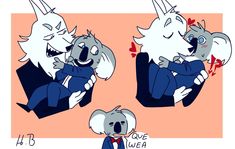 three different pictures of koalas in suits and ties, one with horns on his head