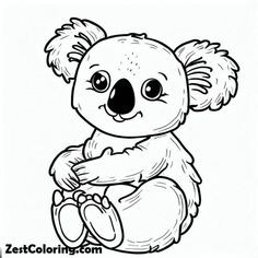 a koala bear sitting on the ground with its legs crossed and eyes wide open