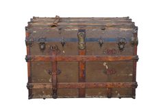 an old wooden trunk with metal handles and latches on the sides, isolated against a white background