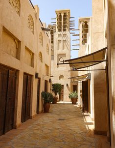 an alley way in the middle of a building with potted plants on either side