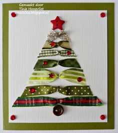 a christmas card with a tree made out of ribbon and buttons on the bottom corner