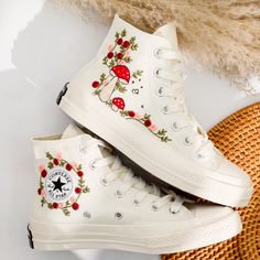 '' Custom Embroidered Shoes, Custom Chuck Taylor All Star High Top Embroidered Summer Garden Flowers, Wedding Converse, Wedding Gifts'' 🍀 Price includes Converse Shoes and Floral Embroidery Designs as shown 🍀 🍀 Shoe Type: Converse 1970s 🍀 Shoe color: 2. Invory_1970s 1. DETAILS 🍀 You can send me your Converse, Vans, canvas shoes or I can buy them for you. Custom-ordered embroidered Vans and Converse shoes, please wait another 2-4 days. Each pair is hand embroidered to order, please make sure you put in the correct shoe size before you check out. The embroidery is meticulous and does not fade. 🍀 You will receive Vans and Converse shoes with floral embroidery designs as above. 2. PERSONAL EXPRESSION 🍀 Create your unique vibe by your own design of embroidery! In addition to the embroide Mushroom Embroidered Converse, Mushroom Shoes, Embroidered Converse High Tops, 1970s Shoes, Embroidered Vans, Converse Wedding, Converse 1970s, Shoes For Bride, Embroidered Converse