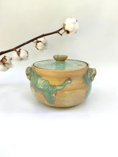 a small pot sitting on top of a table next to a branch with white flowers