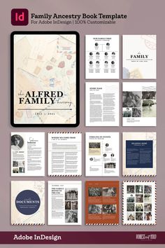 the family book template for adobe and wordpress is shown in this image, there are several