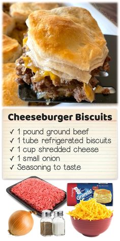 the ingredients for cheeseburger biscuits are shown in this graphic above it's description