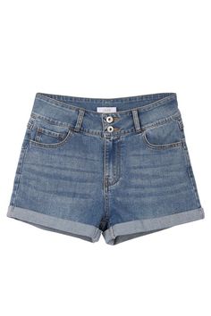 Embrace daring fashion with these High Rise Blue Wash Curvy Bermuda Denim Shorts! Go on adventures and stand out in these bold, curve-hugging shorts. Show off your risky style and conquer life with confidence! High waisted Color: Medium blue wash Rolled hem Stretchy style Closure: Button & Zipper Model is 5' 6" and wearing size Small Length: approx. 12" in size Small Fabric Contents: 71% cotton 28% polyester 1% elastane Care instruction : machine wash cold with like colors, only non-chlorine ble