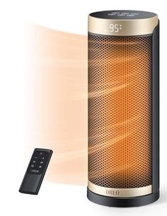 an electric heater next to a remote control on a white background with orange light