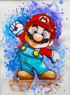 a watercolor painting of mario in overalls