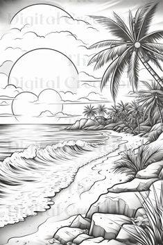 a black and white drawing of palm trees on the beach with waves coming in from the ocean