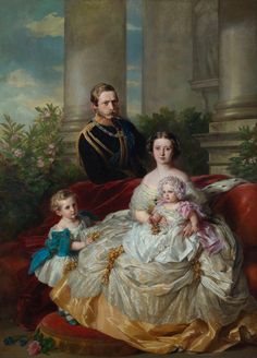 a painting of two adults and one child