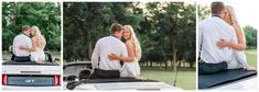 a man and woman standing on top of a car in front of some trees with their arms around each other