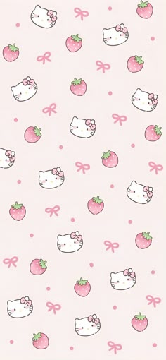 hello kitty wallpaper with pink bows and strawberries on the bottom right hand corner