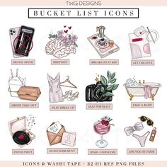 the bucket list icons are shown with different items in each one, including toiletries and other