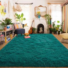 a living room filled with furniture and a green rug on top of a wooden floor