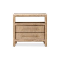 a wooden nightstand with two drawers on one side and an open drawer on the other