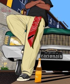 a man sitting on the hood of a car with his hands in his pockets while holding a beer