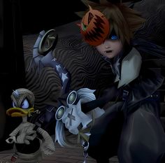 two animated characters dressed up in costumes and masks, one with a bird on it's head