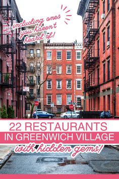 A photo of Greenwich Village in NYC, showing the older buildings and restaurant at the end of the street. Best Restaurants In Greenwich Village, West Village Restaurants Nyc, New York Greenwich Village, Greenwich Nyc, Balthazar Nyc, Greenwich Restaurants, Nyc Trip Planning, Restaurants Nyc