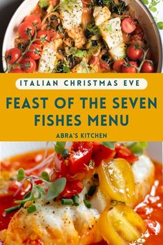 italian christmas eve feast of the seven fishes menu with tomatoes, chicken and cheese in tomato sauce