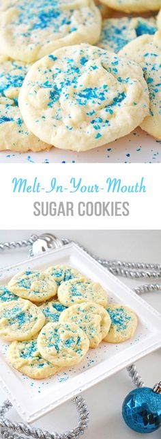 blue and white sprinkle sugar cookies on a plate with the words melt - on your mouth