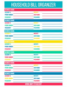 a printable household bill organizer with business name and numbers on the front, in bright colors