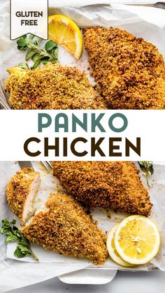 the panko chicken is cut in half and ready to be served with lemon wedges